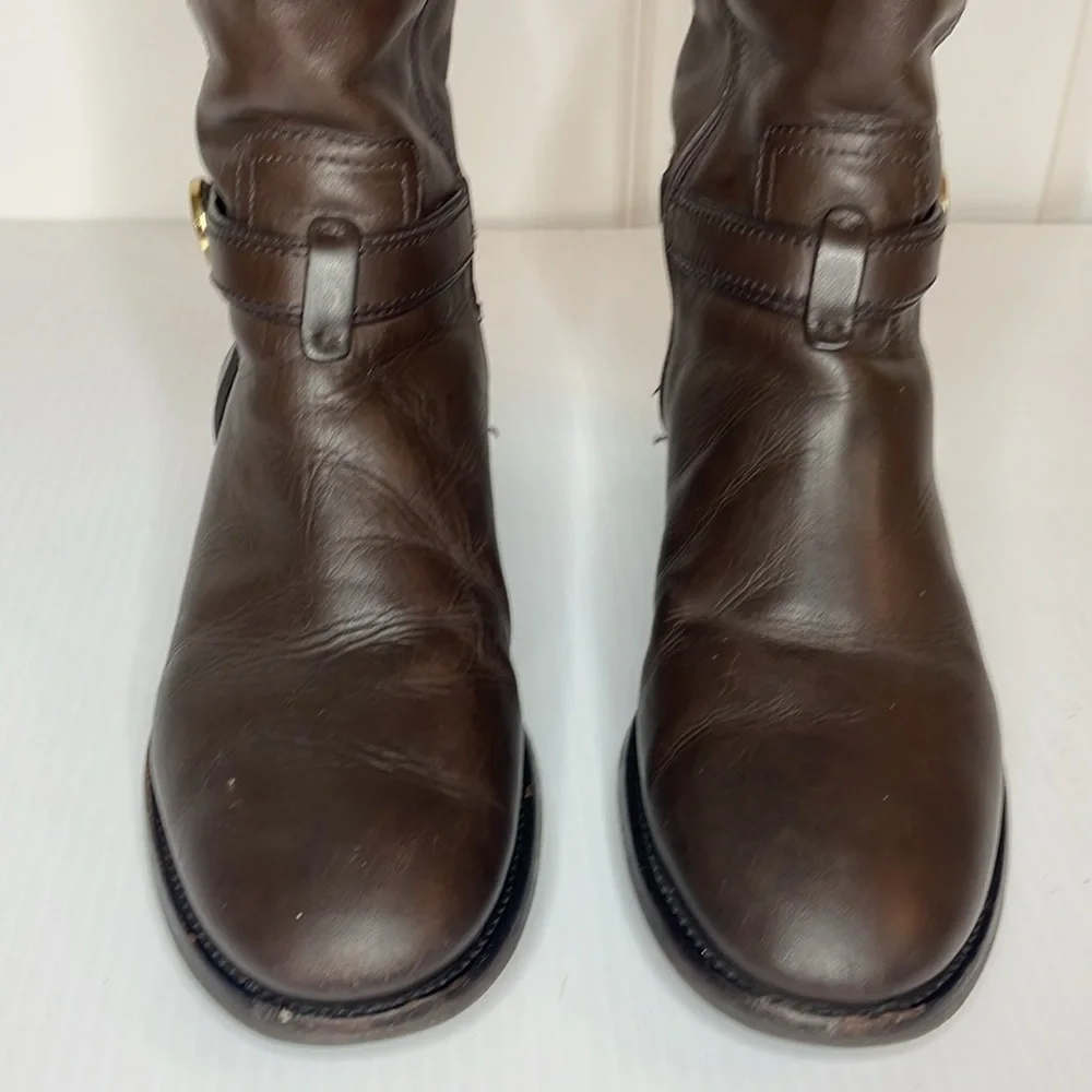 Tory Burch Riding Bristol Boots Women’s Sz 8 Brown Coconut Gold Leather Side Zip